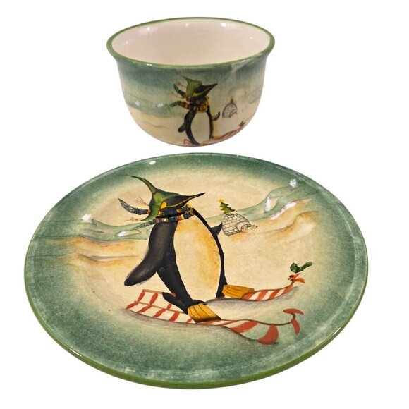 Sakura Oneida Debbie Taylor Kerman Holiday Penguins 'Chillin' Plate & Bowl Set - Picture 1 of 16